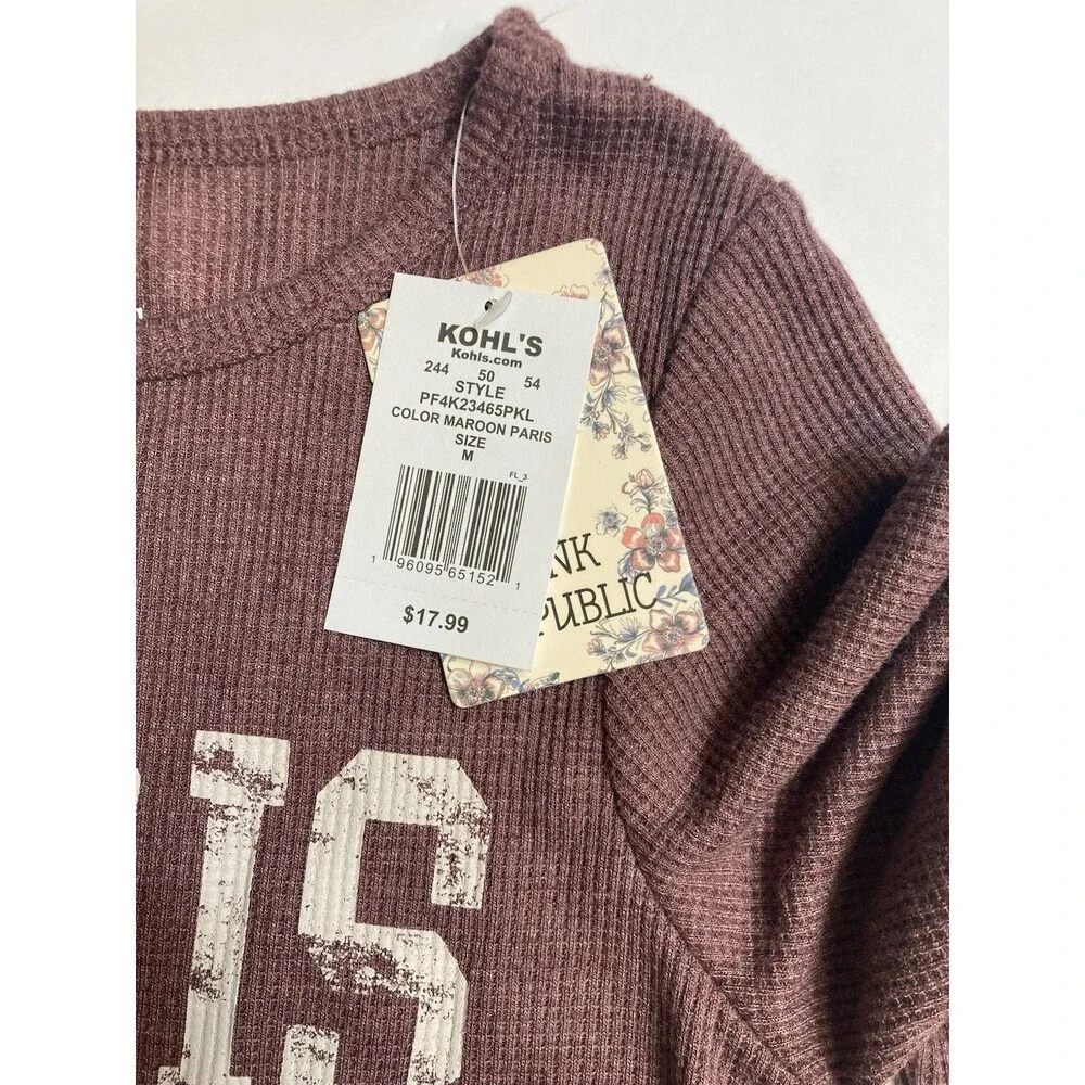 Pink Republic Women's Maroon Paris Graphic Scoop Neck Long Sleeve Knit Top M
